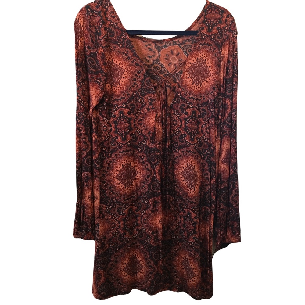 Billabong Short Sexy Lace-Up Dress, Paisley Burnt Sienna, Elastic Sleeves M-L